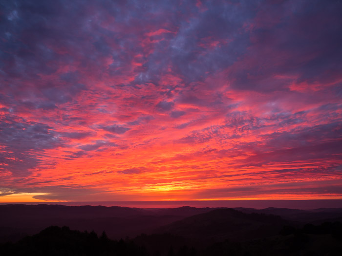 High contrast sunset, lots of reds and purples.